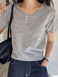 Top de punto ajustada con cremallera a media altura y mangas raglán de unicolor, para otoño/invierno - Gris Claro - Ver 8