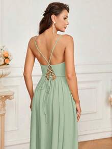 Vestido elegante para mujer de línea A, con pliegues y lazo de cuerda en la espalda en color amarillo, con pliegues huecos y altas aberturas laterales.Ideal para vestir en banquetes, adecuado para vestido de dama de honor elegante para adultos. - verde menta - Ver 7