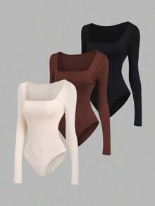 Set de 3 bodys de manga larga para mujer en color albaricoque, marrón café y negro, de ajuste ceñido y estilo minimalista y versátil para el día a día - Multicolor 6 - Ver 6