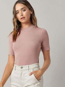 BASICS Top tejido de canalé de cuello alto - Rosa vieja - Ver 6