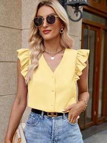 Camisa de mujer con cuello en V a rayas y mangas con volantes, camisas de verano para mujeres - Crema - Ver 5