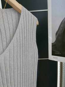 Nueva llegada Primavera/Verano Casual Holgado Crema Color Estilo Coreano Minimalista Acanalado Punto Sin Mangas Capa Chaleco, Versátil Cuello en V Elegante Diario/Trabajo Desgaste, Relajado Estilo Francés, Encanto Extremadamente Simplificado, Mod - Gris Claro - Ver 5