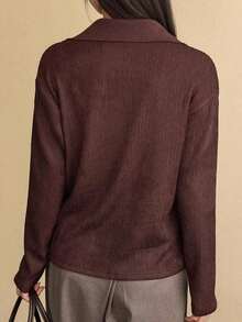 -Less Camiseta informal de manga corta con parches de unicolor para mujeres, estilo casual de negocios de verano - Café integral - Ver 6
