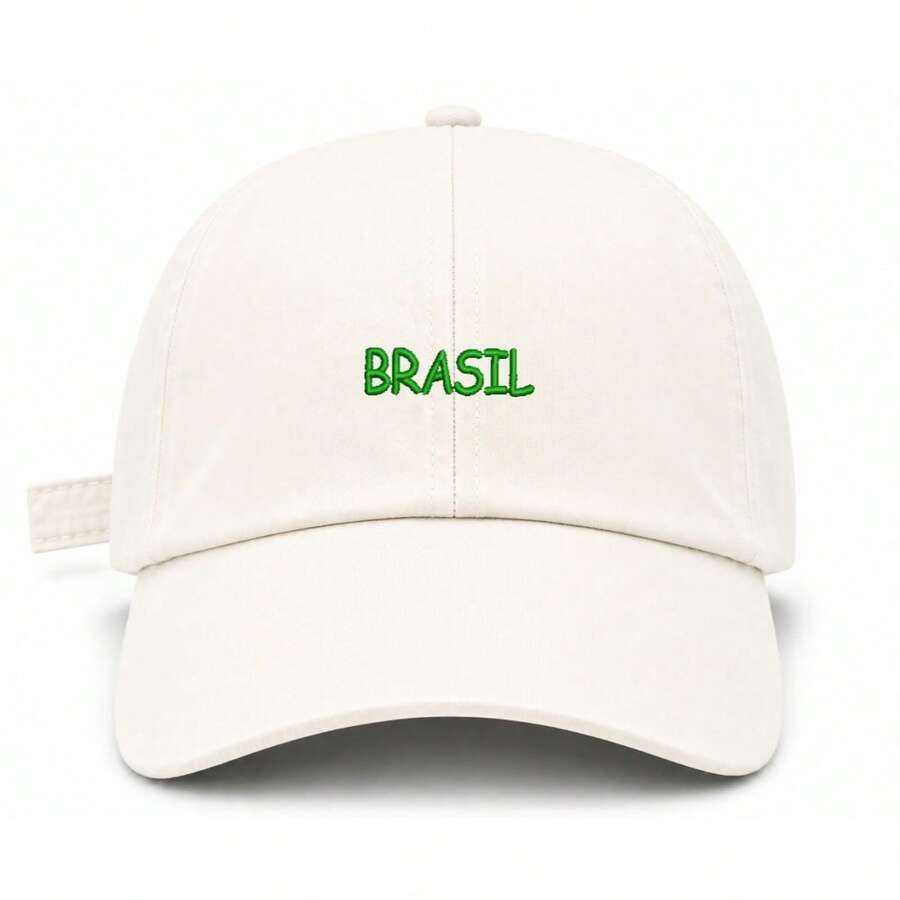 Unisex Dad Hat In 100% Cotton Twill With Curved Brim, Custom Made In Brazil - Light Beige With Green Embroidery - View 1