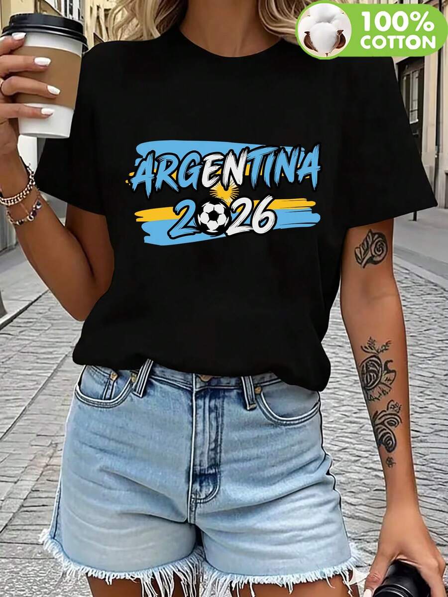Camiseta holgada 100 % para mujer, estampado patriótico de fútbol Argentina 2026, top casual de moda
