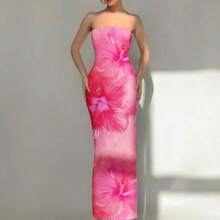 YijiaNvz  Vestido largo elegante con estampado floral de lirio para mujer, adecuado para la playa, resort, citas elegantes y románticas, festivales de música, vacaciones de primavera - Rosa - Ver 1
