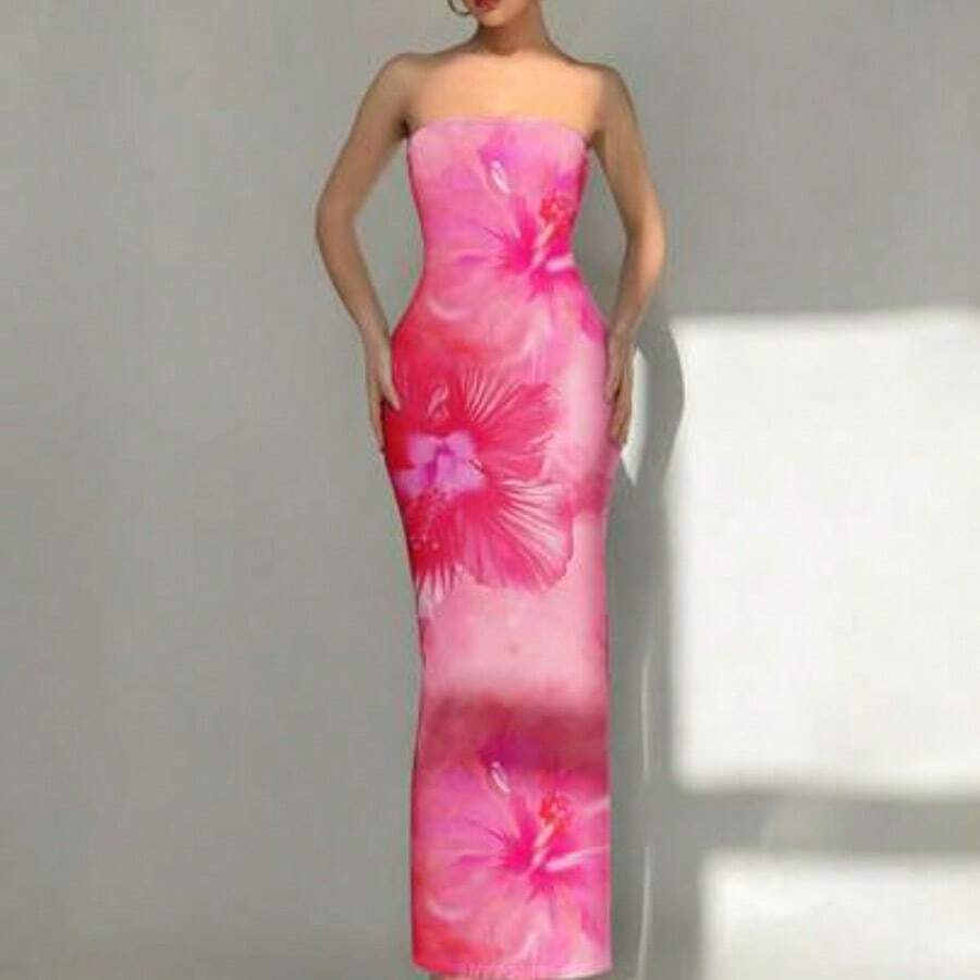 YijiaNvz Vestido largo elegante con estampado floral de lirio para mujer, adecuado para la playa, resort, citas elegantes y románticas, festivales de música, vacaciones de primavera - Rosa - Ver 1