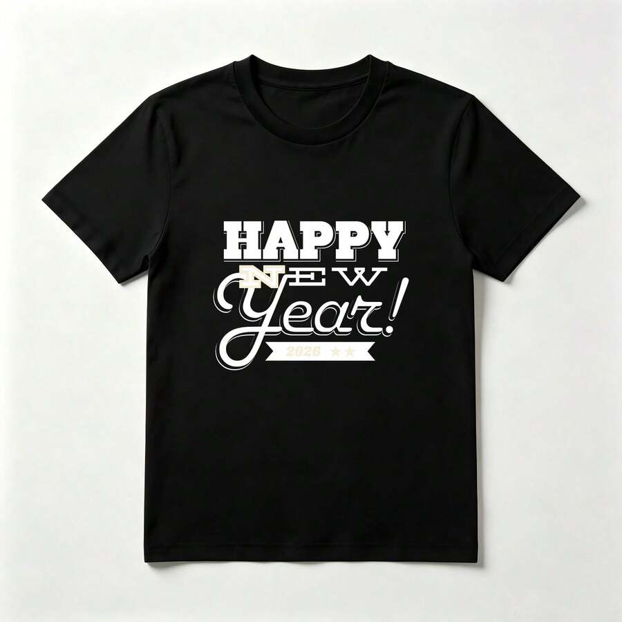 Texto Festivo Playera de Algodón Negro Estilo Clásico para Año Nuevo - Negro - Ver 1