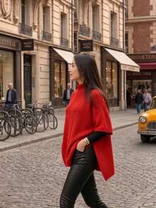 Women's High-Neck Knit Coat, Cape Style, Ideal For Autumn And Winter Looks, Perfect For The Blogger Style. High In The Front And Low In The Back. Pointelle Knit. - 紅色 - 查看 2