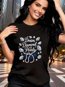 Camiseta de Algodón Estilo Vintage con Estampado de Eslóganes de Lisboa, Casual, Ajustada, Sencilla y Elegante, Camiseta de Mezclilla con Diseño de Diamantes y Perlas, Estampado Unisex Y2K, Mangas Cortas Holgadas, Estilo Neutral, Corte Holgado Casual, Moda Urbana, Ropa de Primavera, Cuello Redondo, Lavable a Máquina, Adecuada para Pascua y el Día de la Madre, para Uso Diario en Verano. - Negro - Ver 4