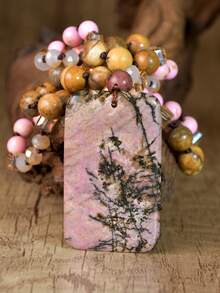 Boho Rhodonite Necklace Square Pendant Handmade Knotted Picture Stone & Rhodonite Long Necklace Vintage Luxury Geometric Pendant Chain - Multicolor - View 4