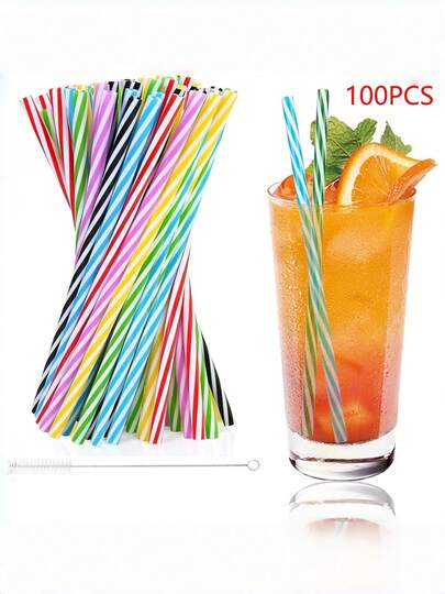 50/100pcs Reusable Colored Hard Plastic Straws, Includes 1pc Straw Brush, Suitable For Cocktails, Smoothies, Juices, Hot Drinks (Length: 9.05 Inches, Diameter: 0.27 Inches)