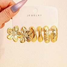6-18pcs Vintage High-End Metallic Gold Tone Earrings For Women, Multi-Style Design Suitable For Commute, Dating, Versatile, High Polished Gold Plating Craftsmanship, Non-Allergic Material Comfortable Wear, Unlock N Styles In One Set, Best Value, Suitable For Daily And Holiday Wear, Great Gift For Friends And Girlfriends - Multicolor - View 8
