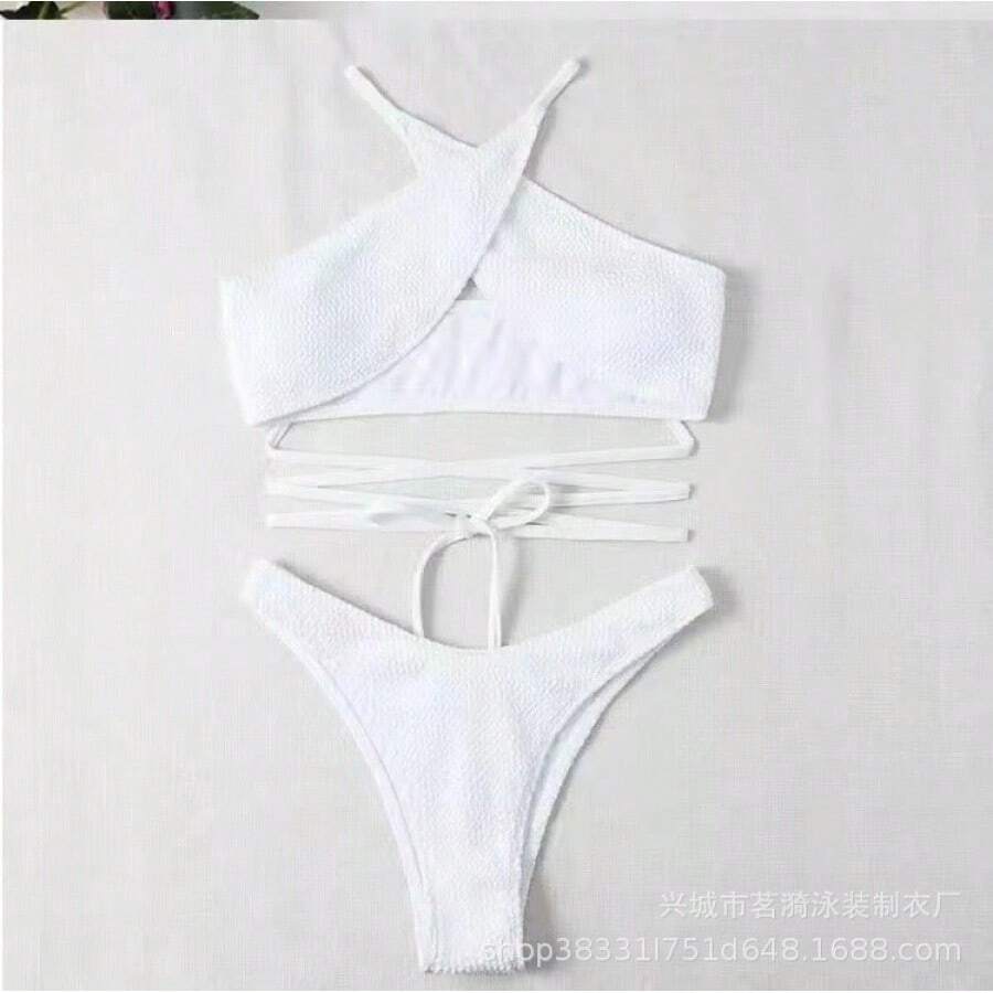 Nuevo bikini sexy de dos piezas con tiras cruzadas y tela ondulada multicolor, traje de baño moderno para mujer. - Blanco - Ver 1