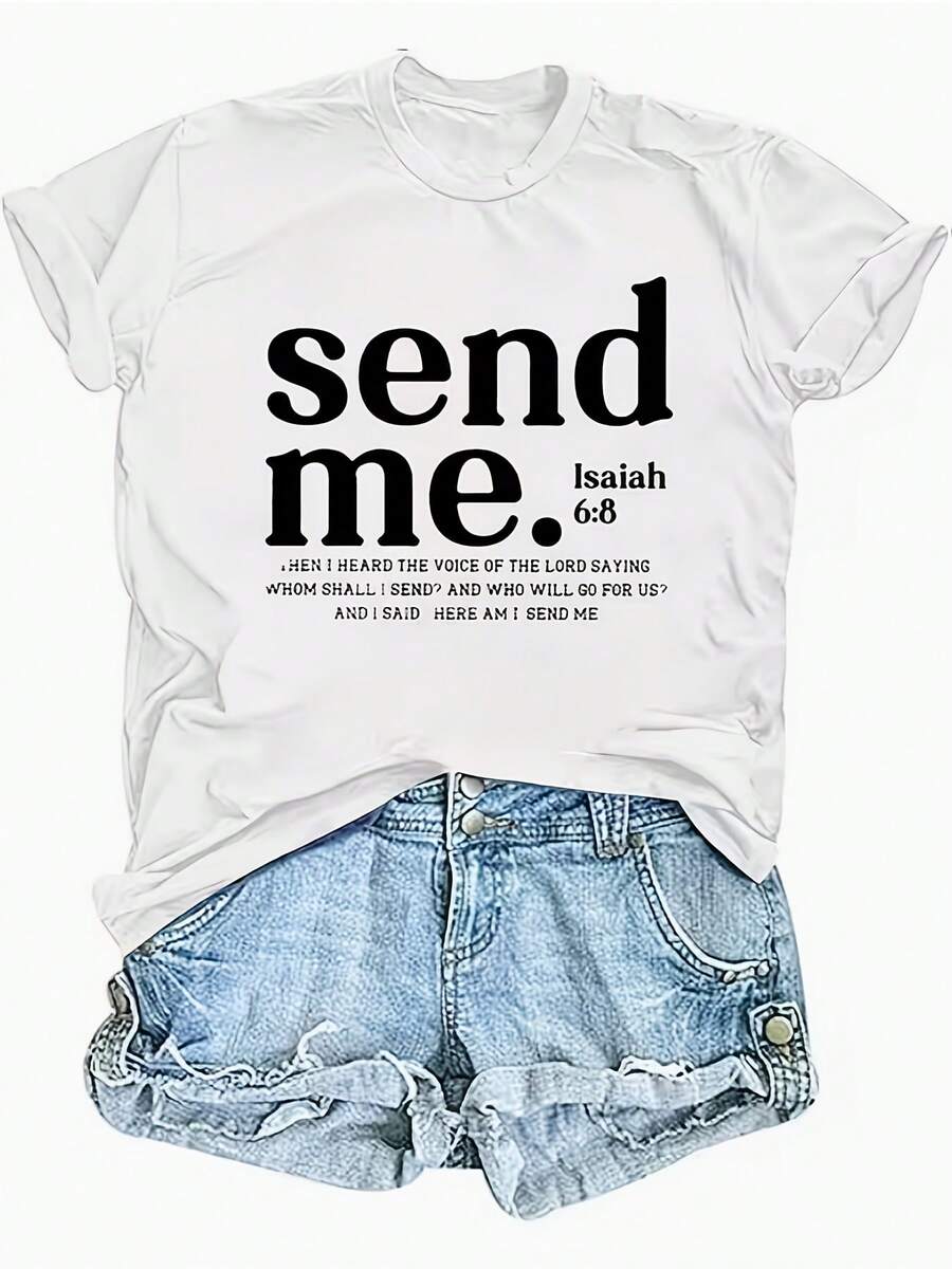 Camiseta Casual para Mujer con Estampado Digital Creativo de Isaías 68, Cuello Redondo, Manga Corta, Lavable a Máquina, Sencilla y Versátil, Transpirable, Corte Casual para Primavera y Verano (Tema de Viajes y Vacaciones) - Blanco - Ver 1
