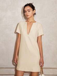 Vestido corto recto de unicolor con cuello en V y manga corta para mujer, conjunto de ropa casual de negocios para vacaciones de verano elegante en color blanco - Beis - Ver 12