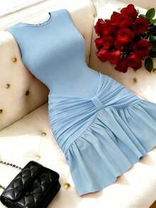 Nuevo vestido mini elegante y ajustado sin mangas de punto para el Día de San Valentín para mujeres - Azul - Ver 9
