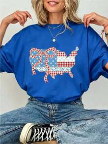 Elegante Camiseta de Algodón de Manga Corta para Mujer con Estampado Patriótico del Mapa de EE. UU., Cuello Redondo, Corte Regular, Top Casual, Ropa Fresca de Verano para Mujer - Azul - Ver 6