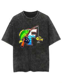 % algodón, 230g de peso, camiseta unisex de estilo vintage, con diseño temático de pesca que muestra peces y cañas de pescar, adecuada para todas las estaciones. Estilo neutro, urbano, versátil y estilizador, estilo callejero, diseño único. - Negro - Ver 2