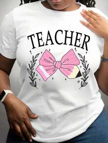 100% algodón, camiseta de mujer, talla grande, camiseta para maestra, con estampado de lazo rosa y guirnalda de flores de azahar, ideal para el Día del Maestro y actividades escolares. - Blanco - Ver 1