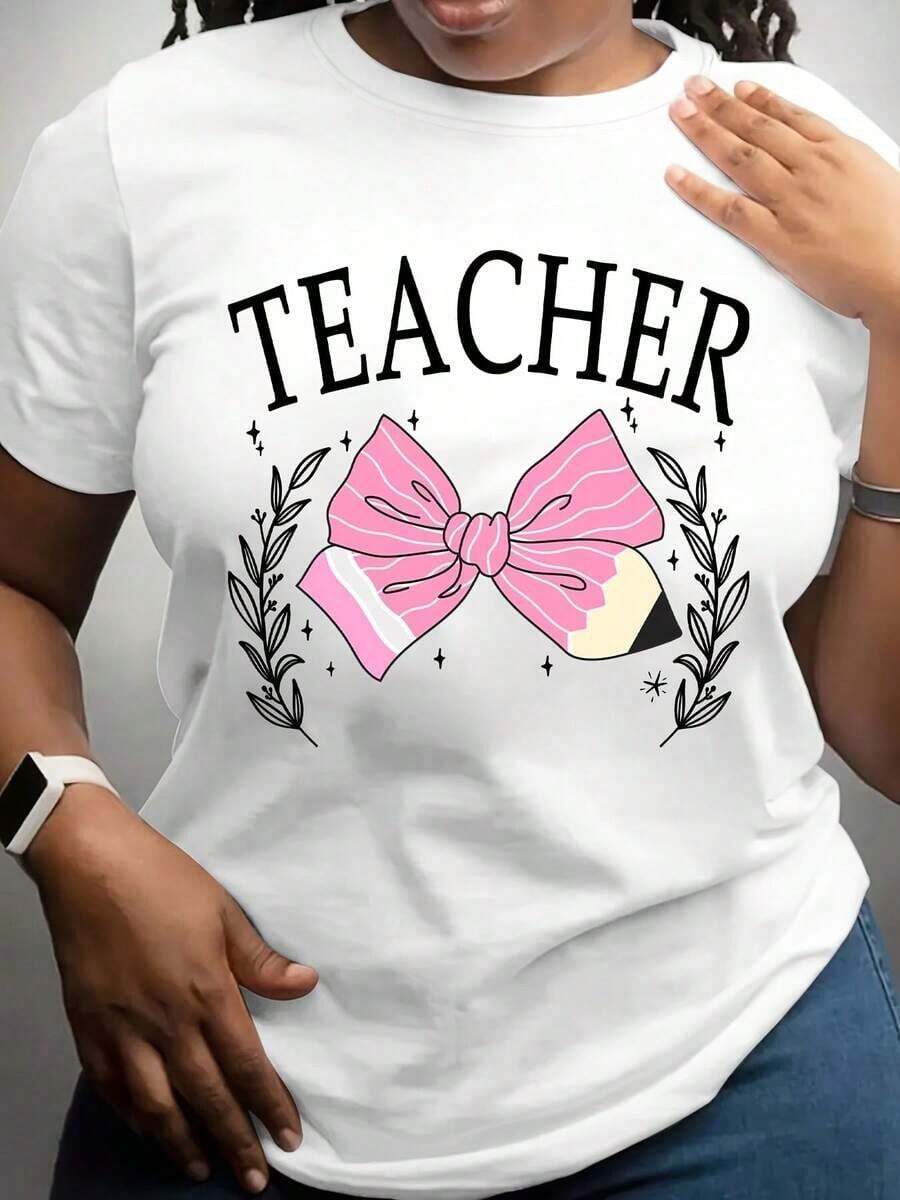 100% algodón, camiseta de mujer, talla grande, camiseta para maestra, con estampado de lazo rosa y guirnalda de flores de azahar, ideal para el Día del Maestro y actividades escolares. - Blanco - Ver 1