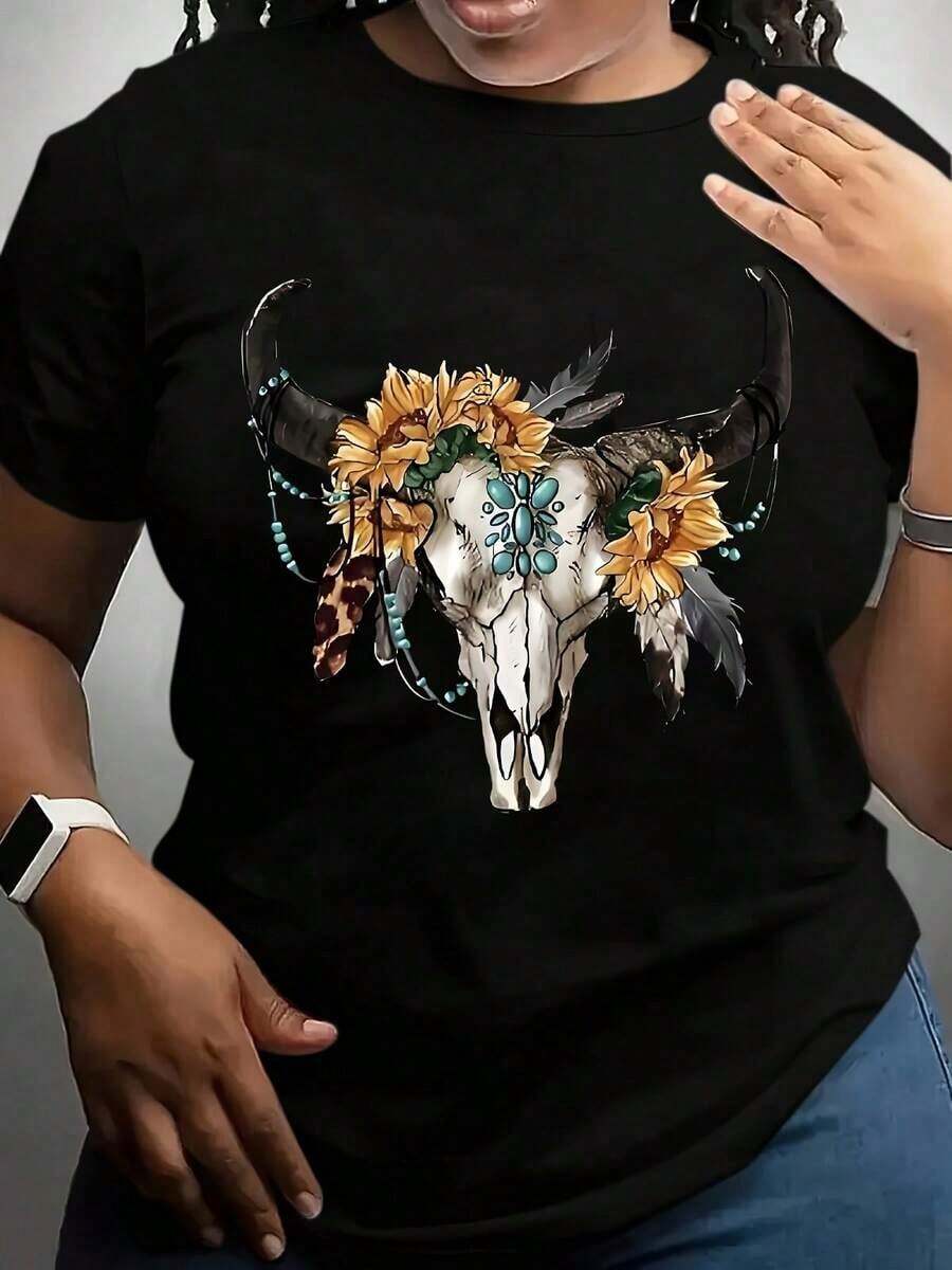 100% Cotton, Women's T-Shirt, Plus Size Black T-Shirt For Women, Bohemian Skull And Flower Print, Casual Summer Top. - 黑色 - 查看 1