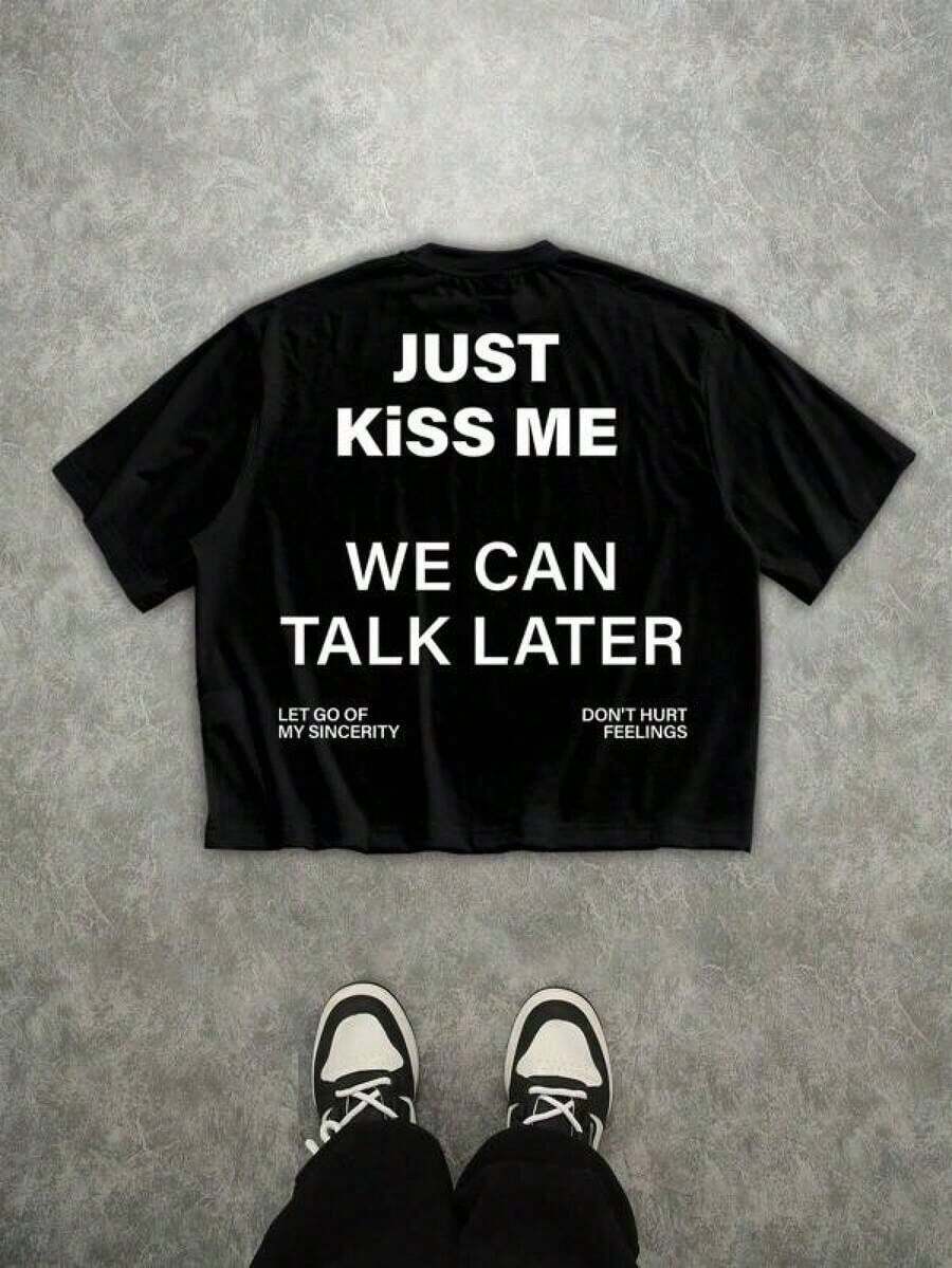 Camiseta estampada, camisetas de algodón con estampado gráfico, talla grande, cuello redondo de dibujos animados, manga corta, camiseta de manga corta con estampado de letras, estilo casual y holgado para hombre, Manfinity Roghcode, camiseta de gran tamaño para hombre, con camisa, tops de verano, camisa adecuada. - Negro - Ver 1