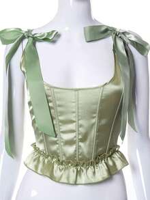 Blusa nueva llegada con corsé óseo, tirantes de lazo y borde ondulado elegante - Verde - Ver 4