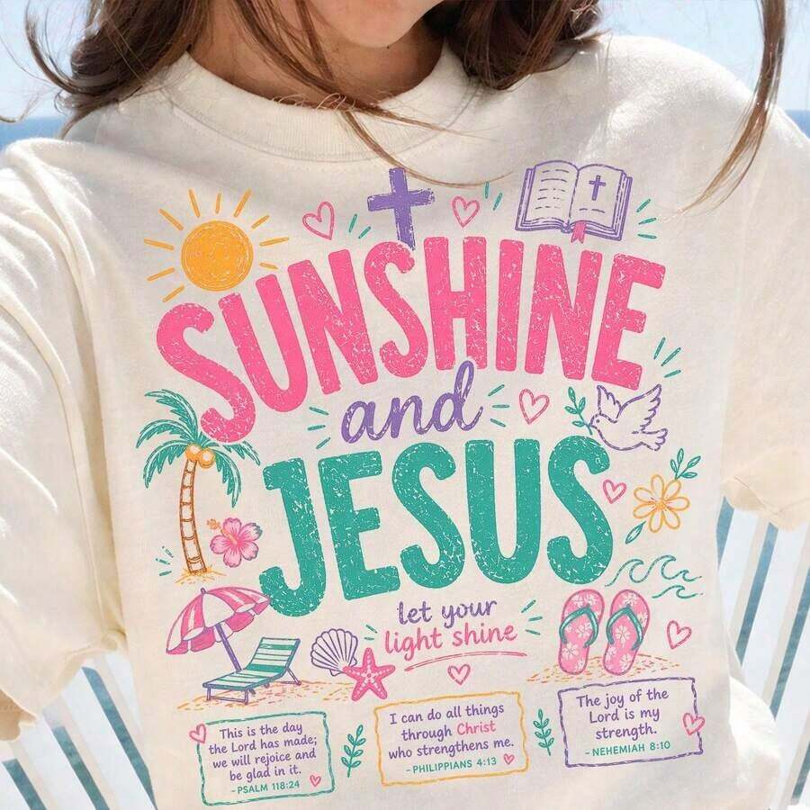 1 pieza de camiseta de mujer para primavera/verano: Estampados de sol y Jesús, playa de verano y lago, cuello redondo, manga corta, 180g, 100% algodón. - Blanco - Ver 1