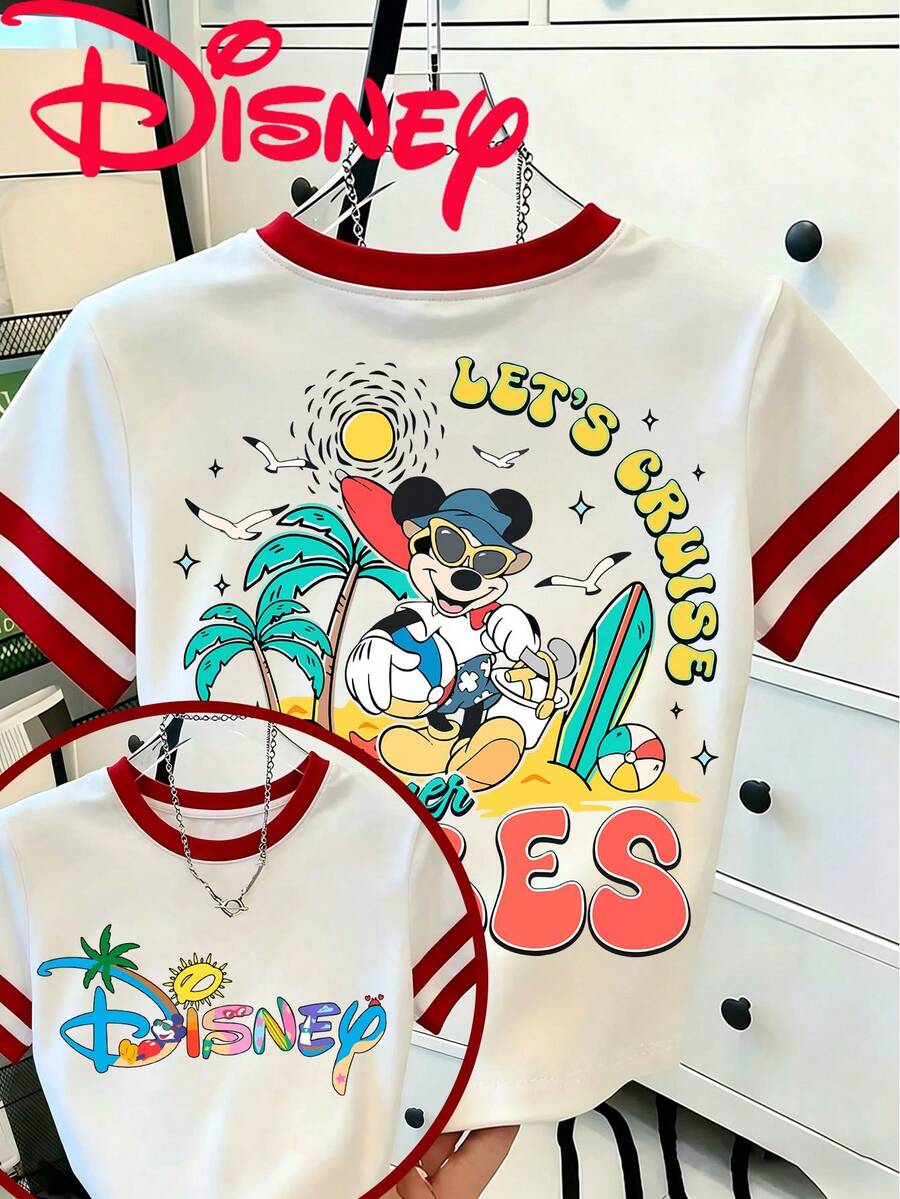 Disney Mickey Mouse Summer Beach Printed Women's T-Shirt With Red And White Color-Block Neckline. Made Of Cool, Breathable Fabric, It's Comfy And Versatile For Summer Wear, Perfect For All Occasions. - 紅色 - 查看 1
