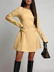 Vestido mini manga larga cuello redondo con lazo y cintura marcada - Amarillo - Ver 5