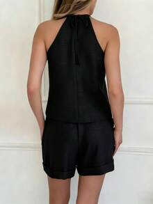 Conjunto casual de verano con top sin mangas y pantalones cortos - Negro - Ver 4