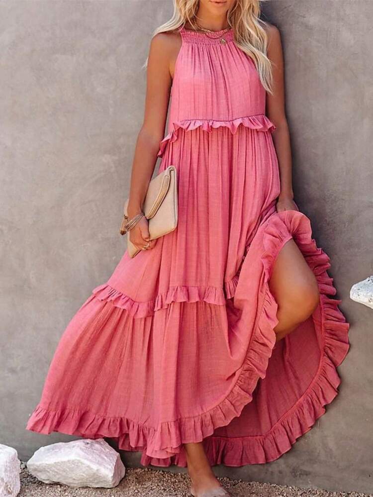 Vestido playero fluido con volantes y falda amplia elegante - Rosa - Añade 1