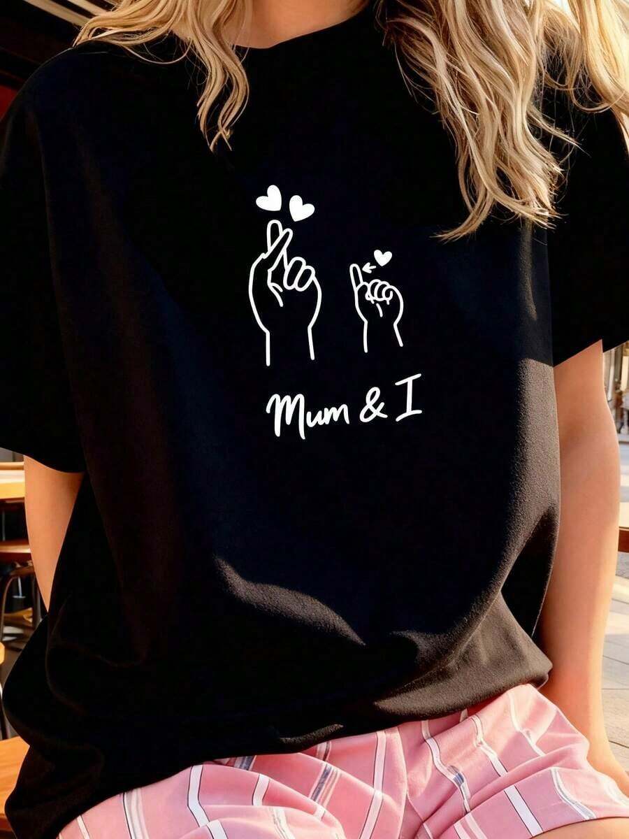 Camiseta Casual de Cuello Redondo para Mujer con Estampado de Corazón - Negro - Ver 1