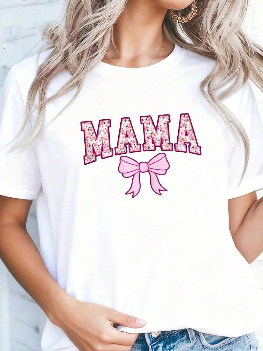 1 pieza Camiseta Gráfica para Mujer "Mama" 100% 180gsm - Lazo Rosa y Acabado Brillante, Estética Retro, Manga Corta, Cuello Redondo - Ropa Casual Cómoda, Regalo para el Día de la Madre en Primavera, Versátil para Todas las Temporadas S180g Algodón 100% - Blanco 1 - Ver 1