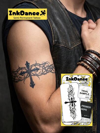 1 Kit "Eternal Thorns Gothic Cross Armband " New Technology Tattoo Sticker, Temporary Tattoo, Semi-Permanent, Fake Tattoo, Waterproof & Long-Lasting, Realistic Design, Plant-Based Formula, Ink Dance Gift Festival Body Art D292