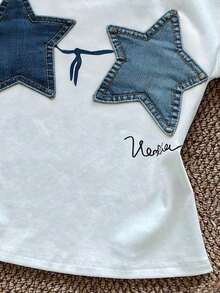 Women's Casual Crew Neck Short Sleeve T-Shirt With Star Applique - Vintage Street Style Unisex Cotton Short Sleeve Crew Neck T-Shirt - 白色 2 - 查看 3