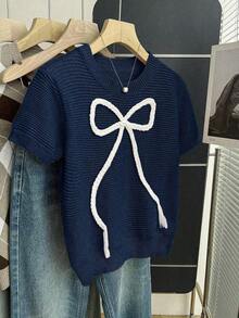2026Franclia New Women's Sweet And Cute Pink Casual Knit Sweater With Bow, Short Sleeve Baby Pink Bow Blouse For Spring/Summer, Cute Knit Blouses With Bow For Women - 皇家藍 - 查看 4