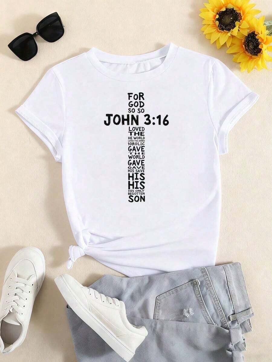 2026 Nueva Camiseta Casual de Moda para Mujer 100% Algodón Camiseta Casual John 316 Cruz Cristiana Versículo Bíblico Religioso Regalos Camisetas para Mujer - Blanco - Ver 1