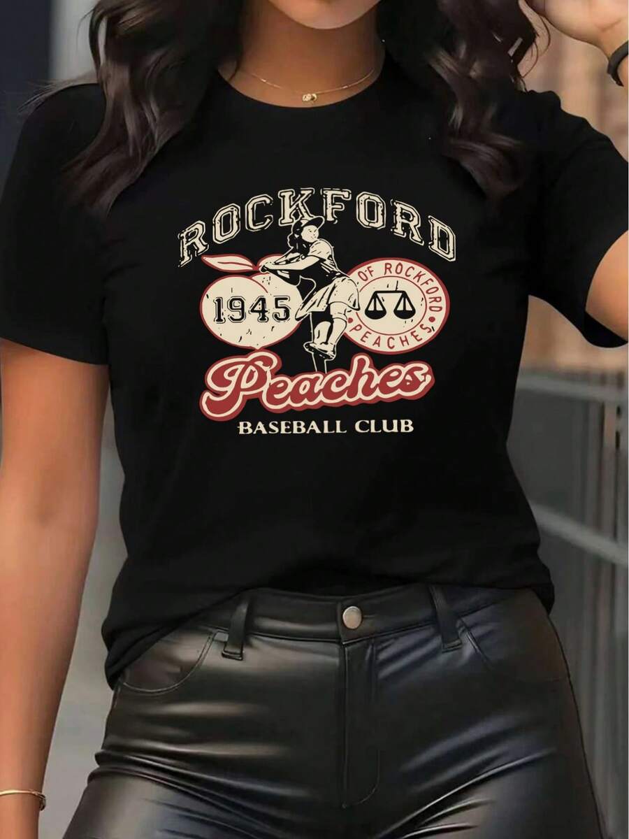 Camiseta de manga corta con cuello redondo y estampado de béisbol vintage para mujer - estilo deportivo casual, suave y transpirable, 95% fibra de poliéster 5% spandex 180g, diseño estampado, único y a la moda, estilo hip-hop moderno, estilo callejero, dinámico y enérgico, encanto vintage. - Negro - Ver 1