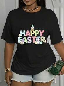 Suave, transpirable y ligera para comodidad durante todo el día. Camiseta de manga corta con estampado de Pascua, una de las mejores opciones para ropa casual, elasticidad media, lavable a máquina, camiseta casual de manga corta con cuello redondo y estampado para mujer, camiseta básica a la moda, top versátil de manga corta. Cuello redondo clásico con un corte relajado que favorece todas las formas del cuerpo y es fácil de combinar con jeans, shorts y leggings. - Negro - Ver 12