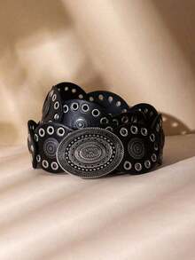 1pc Bohemian Western Style Women's Belt, Boho Belt, Western Belt, Gothic Velvet Patchwork Belt, Fashion Accessory For Women, Autumn/Winter Coffee & Antique Bronze Floral Oval Buckle Belt, Dress Accessory, Party, Beach, Music Festival, Y2K Style Belt, Valentine's Day Gift, Available In Plus Size2026 Upgraded, Ideal Mother's Day Gift For Her/Him, Premium Quality & Durable - 黑色 - 查看 2