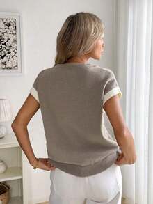 Chaleco de punto casual de contraste de color para mujer, jersey casual de cuello Henley de bloques de color, suéter suave de 2 en 1 para mujer de verano en beige, ropa casual - Camel - Ver 2