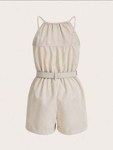 Mono casual de mujer de unicolor con bolsillo, cuello halter y pliegues - Albaricoque - Ver 2