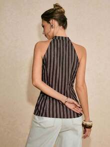 Blusa de verano con estampado de rayas, lazo decorativo y ajuste ceñido para uso casual, de viaje y diario - Café integral - Ver 2