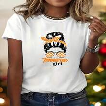 1 pieza de playera de manga corta 100% algodón, cuello redondo casual con estampado, chica adorable con gafas de sol, manga corta transpirable para uso diario - Blanco - Ver 2