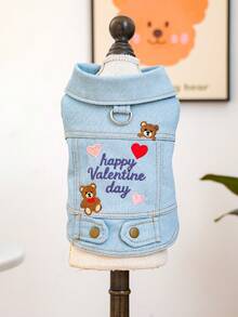 PETCIRCLE 1件寵物衣服小狗幼犬適用 簡約百搭可愛 刺繡圖案翻領設計 附牽繩扣環 可愛熊款 情人節外套 - 藍色 - 查看 11