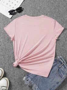 Fashionable Casual T-Shirt For Women With Unique Romantic Rose Design, Short Sleeve, Round Neck, Gift For Valentine's Day, Travel, Vacation, Party, Sweet And Elegant, Gift For Girlfriend, Gift For Mom - 粉色 - 查看 2