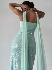 Vestido elegante sin tirantes con lentejuelas y cintas fluidas, adecuado para vacaciones, fiestas, ocasiones formales, temporada de regreso a clases, festivales de música, temporada de graduación, todo el año - Verde - Ver 7