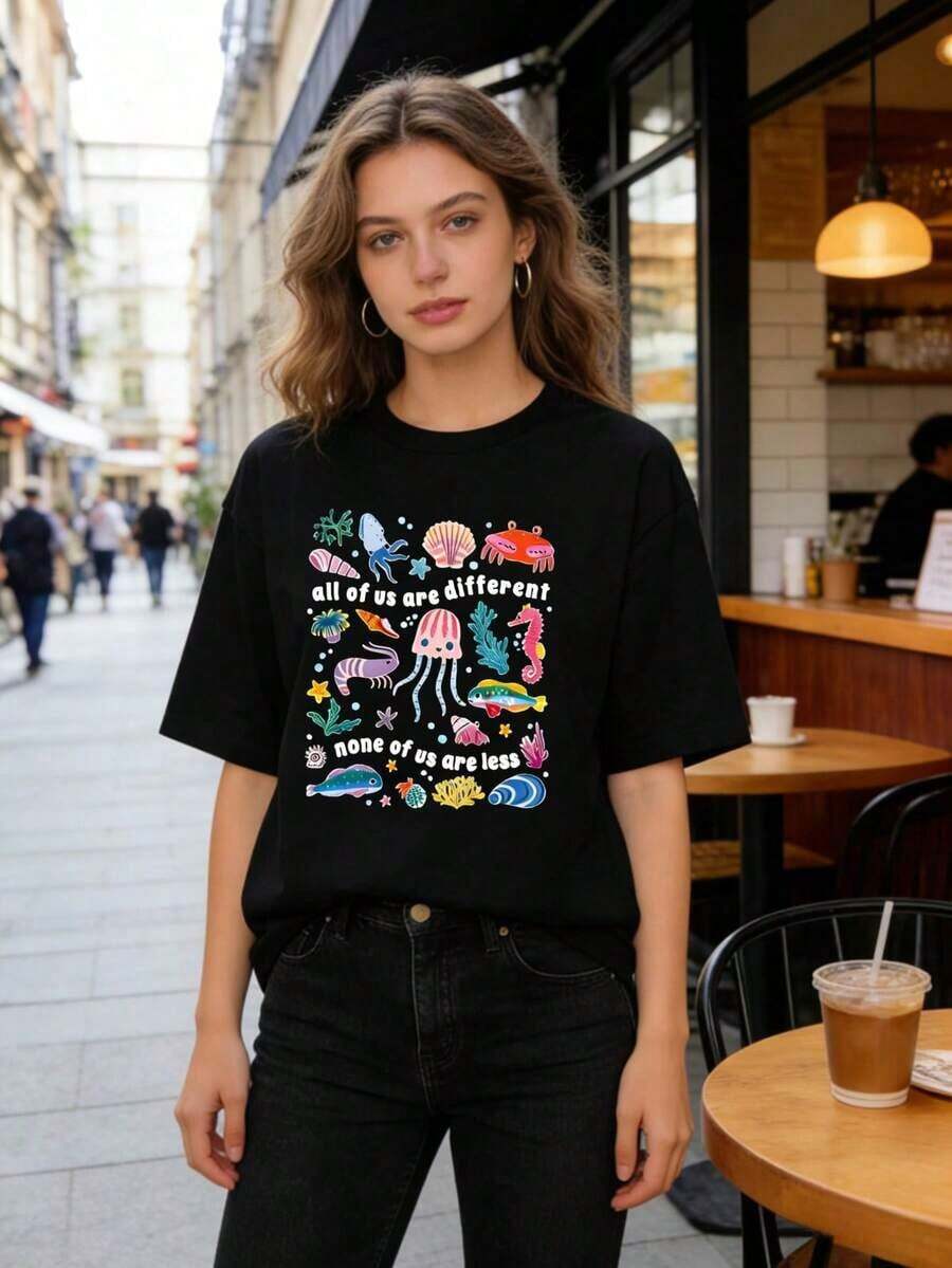 Camisetas gráficas Manga Corta para mujer, con estampado gráfico inclusivo, cuello redondo y manga corta, de corte holgado y elegante, adecuadas para todas las estaciones y para ir al trabajo, lo que las convierte en el regalo perfecto para familiares y amigos. - Negro - Ver 1
